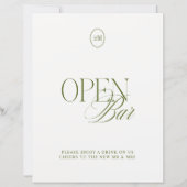 Klassisches Oliven Grün Open Bar Hochzeitsschild (Vorderseite)