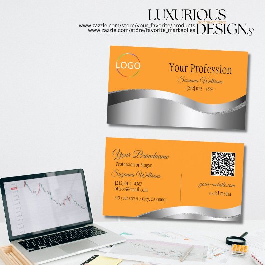 Klassisches Orange Wavy Silver Dekor mit Logo QR C Visitenkarte