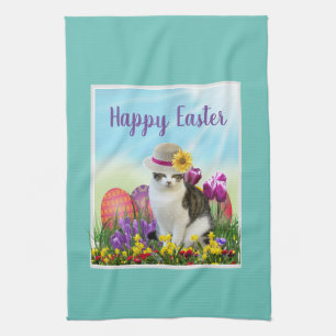 Klassisches Osterdesign mit Katze im Hut zum Feier Geschirrtuch
