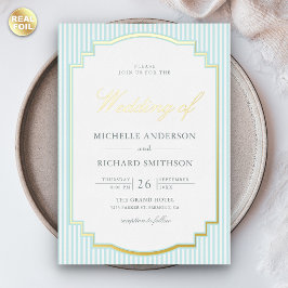 Klassisches Pastellblau gestreiftes Foto Hochzeit  Folieneinladung