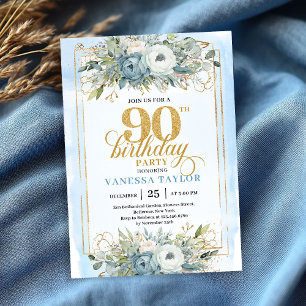 Klassisches pastellblaues Goldschriftzug 90. Gebur Einladung