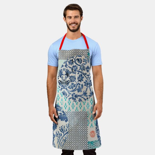 Klassisches Patchworkmuster in Indigo und Türkis Schürze (Getragen)