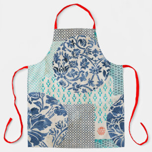Klassisches Patchworkmuster in Indigo und Türkis Schürze