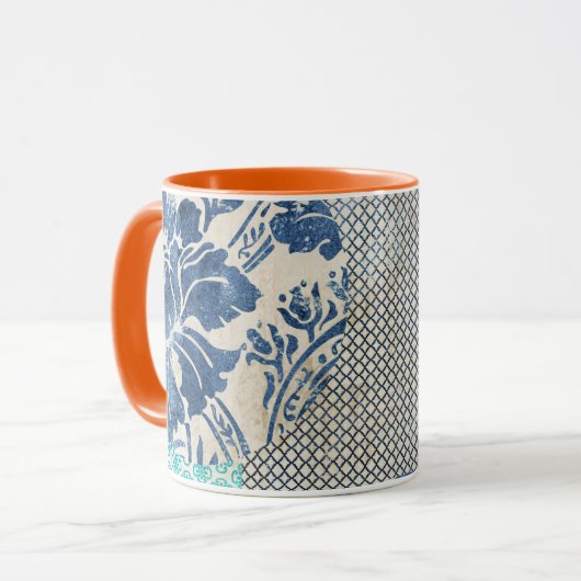 Klassisches Patchworkmuster in Indigo und Türkis Tasse (Vorderseite Links)