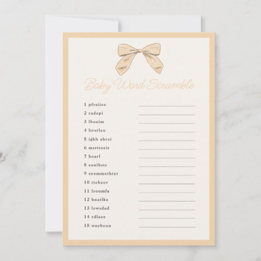 Klassisches Peach Bow Baby Shower Word Scramble Ga Einladung (Vorderseite)