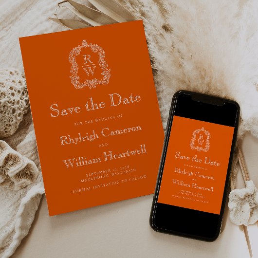 Klassisches Persimmon Orange Monogramm Wappen Save The Date