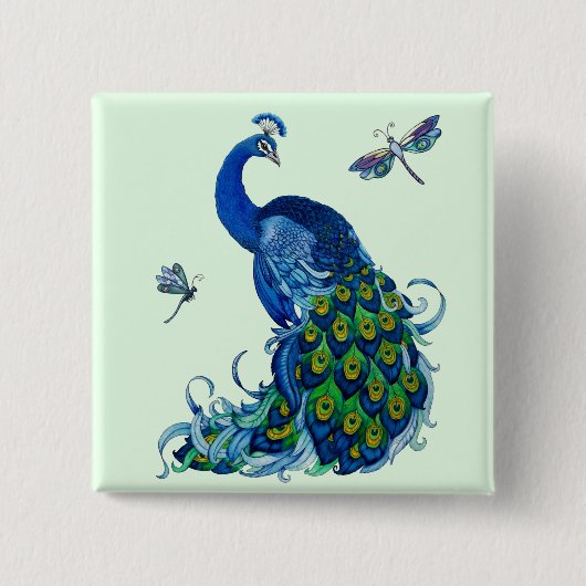 Klassisches Pfau- und Dragonfly-Design Button (Vorderseite)