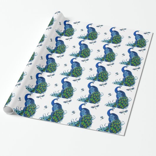 Klassisches Pfau- und Dragonfly-Design Geschenkpapier (Ungerollt)