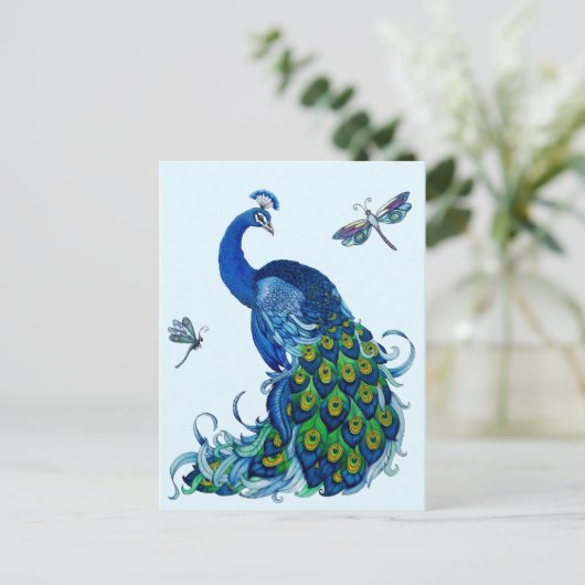 Klassisches Pfau- und Dragonfly-Design Postkarte (Stehend Vorderseite)
