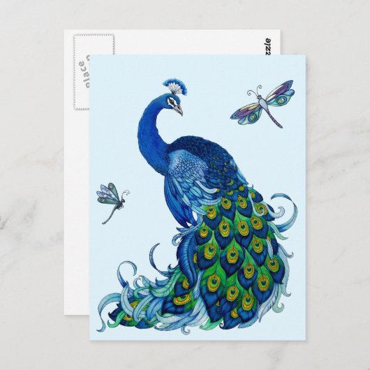 Klassisches Pfau- und Dragonfly-Design Postkarte (Vorne/Hinten)