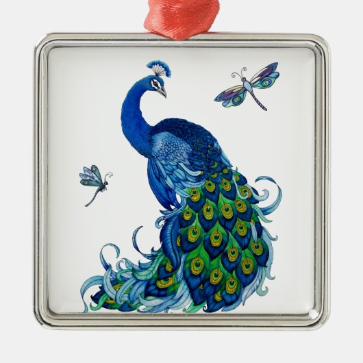 Klassisches Pfau- und Dragonfly-Design Silbernes Ornament (Vorne)