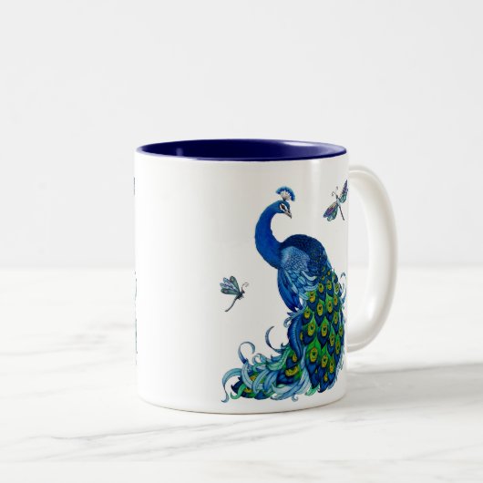 Klassisches Pfau- und Dragonfly-Design Zweifarbige Tasse (VorderseiteRechts)