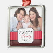 Klassisches Portrait Rote Streifen Band Weihnachts Silbernes Ornament (Links)