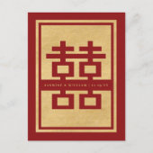 Klassisches Red Double Happy Chinese Save the Date Ankündigungspostkarte (Vorderseite)