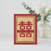 Klassisches Red Double Happy Chinese Save the Date Ankündigungspostkarte (Stehend Vorderseite)