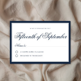 Klassisches Regal Navy Blue Elegantes Script Minim RSVP Karte