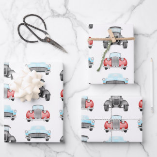 Klassisches Retro Cars Vintages Aquarellmuster Geschenkpapier Set