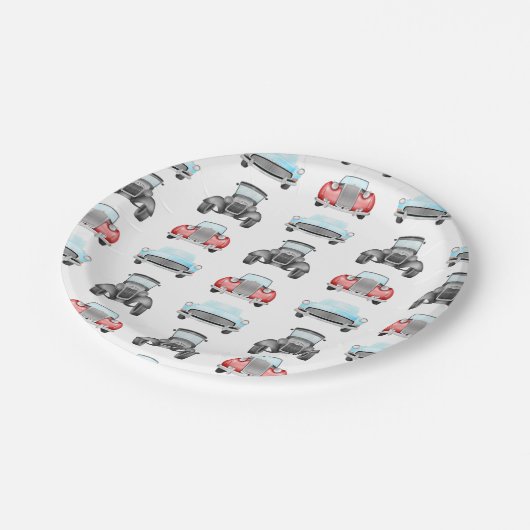 Klassisches Retro Cars Vintages Aquarellmuster Pappteller (Schrägansicht)