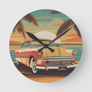 Klassisches Retro-Vintage-Autoposter Runde Wanduhr
