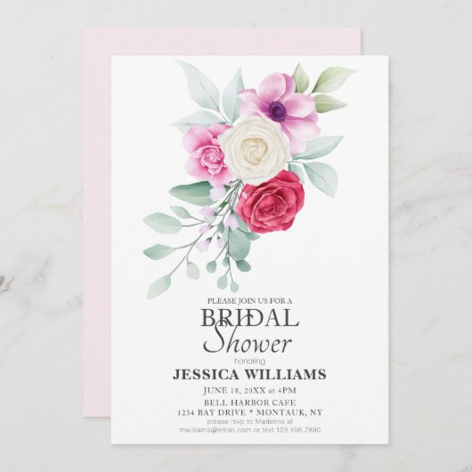 Klassisches Rosa Blume & Rose Bouquet Brautparty Einladung (Vorne/Hinten)