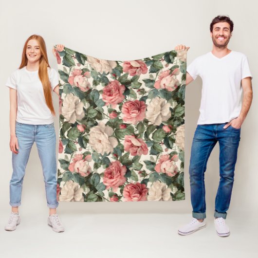 Klassisches rosa Rosen-Creme-Blumenmuster Fleecedecke (Beispiel)