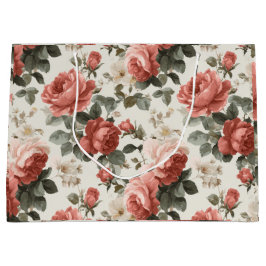 Klassisches rosa Rosen-Creme-Blumenmuster Große Geschenktüte