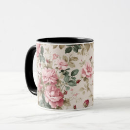 Klassisches rosa Rosen-Creme-Blumenmuster Tasse