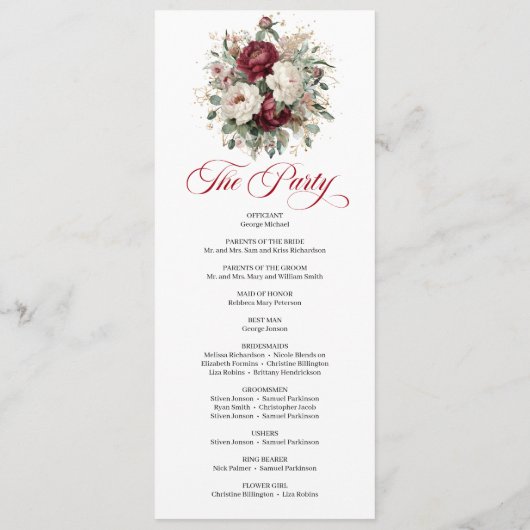 Klassisches Rosé-Burgunder-Blumen-Hochzeitsprogram Programm (Rückseite)