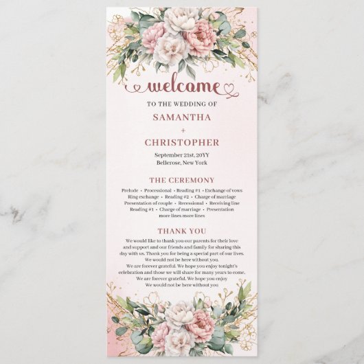 Klassisches Roségold-Blumen-Hochzeitsprogramm Programm (Vorderseite)