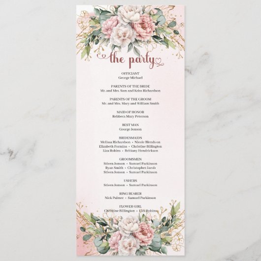 Klassisches Roségold-Blumen-Hochzeitsprogramm Programm (Rückseite)