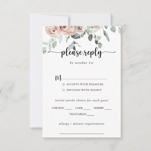 Klassisches Rosenstrahl-Hochzeitmenü UAWG RSVP Karte (Vorderseite)