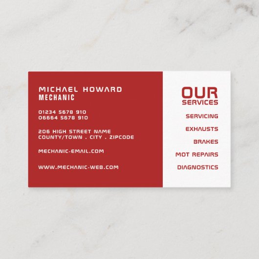 Klassisches Rot, Auto Mechanik und Reparaturen Visitenkarte (Rückseite)