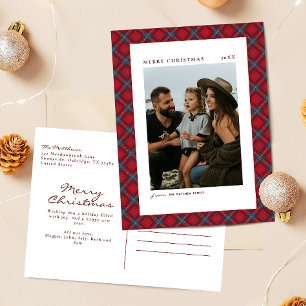 Klassisches Rot-Blau-Tartan-Familienfoto-Weihnacht Feiertagspostkarte