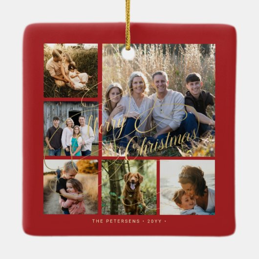 Klassisches Rot-Gold 6-Foto-Collage Keramikornament (Rückseite)