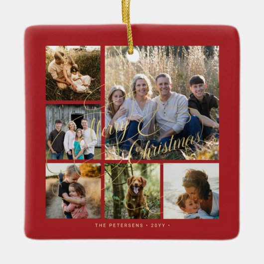Klassisches Rot-Gold 6-Foto-Collage Keramikornament (Vorderseite)