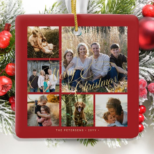 Klassisches Rot-Gold 6-Foto-Collage Keramikornament