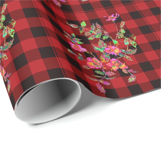 Klassisches Rot kariert mit Vintagen Rose Geschenkpapier (Rolleneckpunkt)
