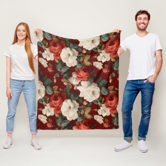 Klassisches Rot-Rosen-Weiß-Blumenmuster Fleecedecke (Beispiel)