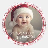 Klassisches Rot und Weiß frohe Weihnachtsklassi Fo Runder Aufkleber (Vorderseite)