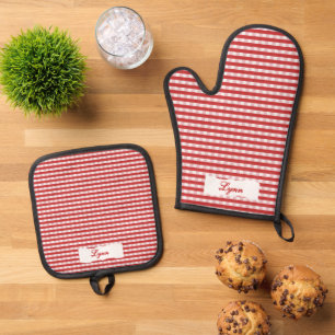 Klassisches Rot-Weiß-Gingham   Personalisierter Na Ofenhandschuh & Topflappen-Set