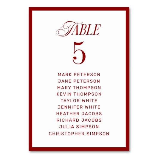 Klassisches Rot-Weiß-Hochzeitstabelle Tischnummer (Vorderseite)