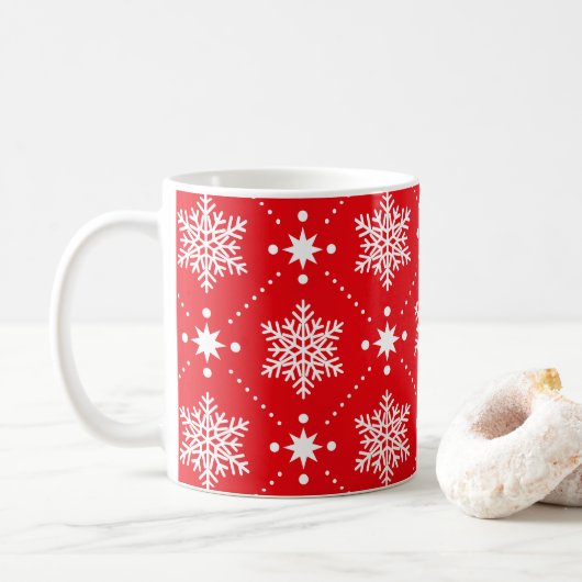 Klassisches Rot-Weiß-Schneeflocken Weihnachtsmuste Kaffeetasse (Mit Donut)