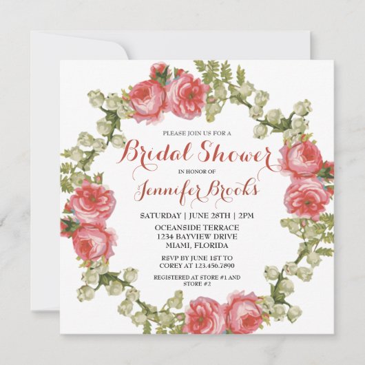 Klassisches Rote Rose-Kranz-Brautparty Einladung (Vorderseite)