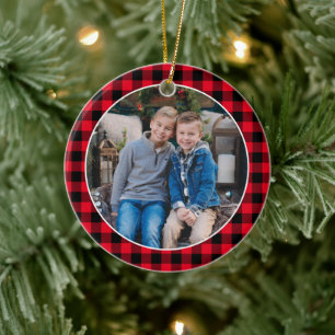 Klassisches rotes Buffalo-Karo-Weihnachtsfoto für Keramik Ornament