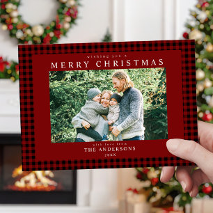 Klassisches rotes Gingham-Weihnachtsfoto Feiertagskarte