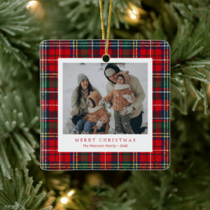 Klassisches rotes grünes Karo-Familienfoto für die Keramikornament