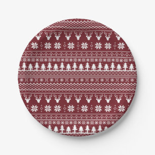 Klassisches rotes Rentier-Weihnachtspullover-Muste Pappteller