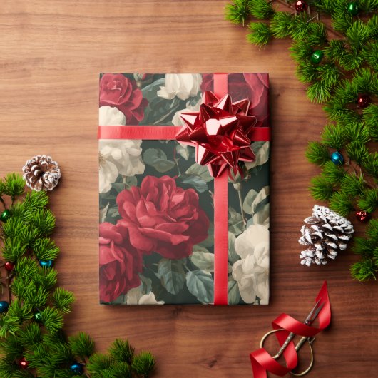 Klassisches rotes Rosen weißes Blumenmuster Geschenkpapier (Feiertagsgeschenk)