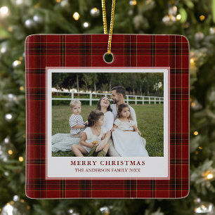 Klassisches rotes Schottenkaro-Familienfoto-Weihna Keramikornament