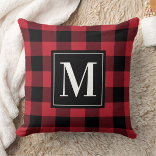 Klassisches rotes schwarzes Buffalo-Karo-Monogramm Kissen